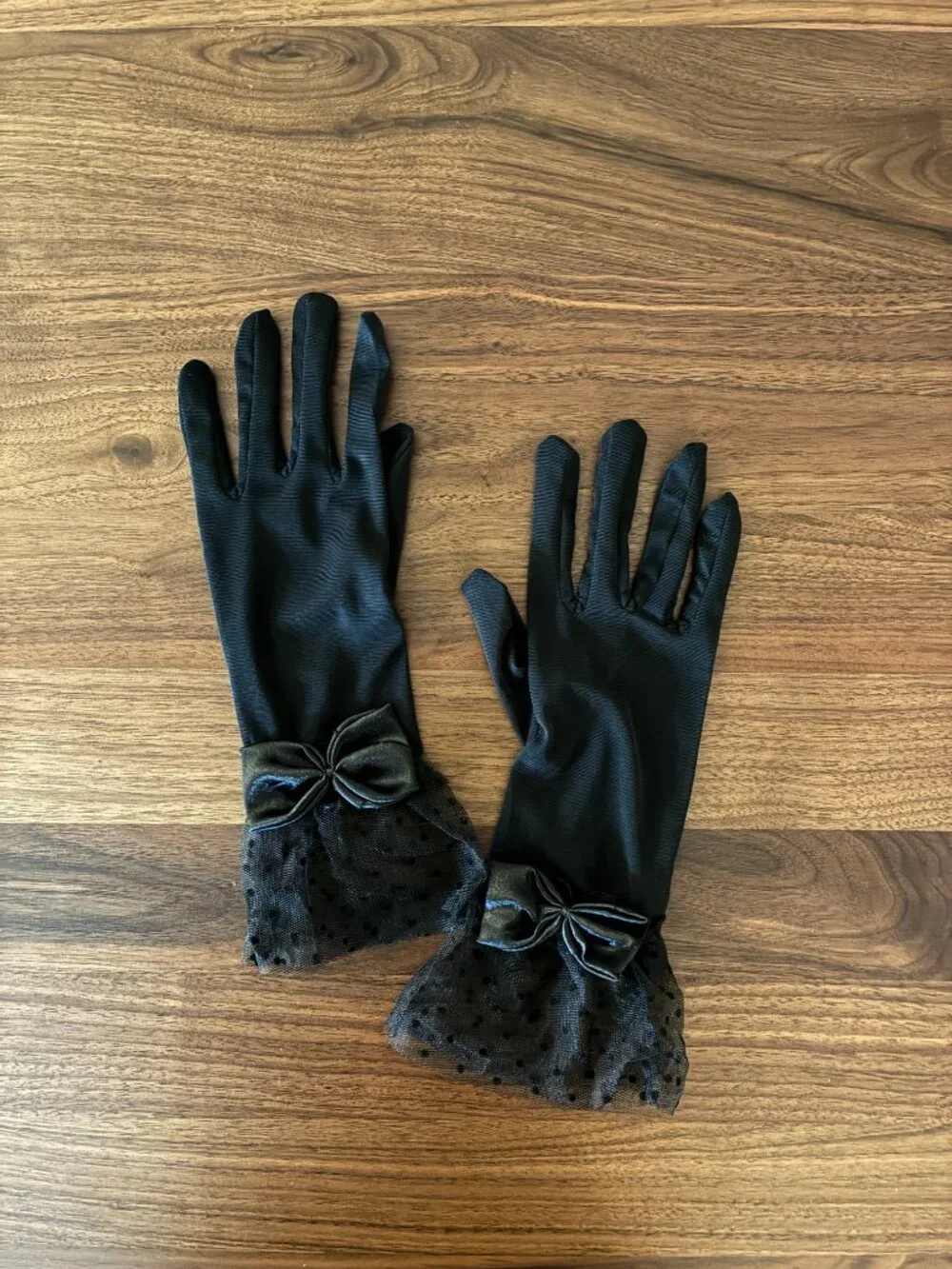 New Elegant Sheer Mesh Black Gloves With Lace Polka Dot and Bow Detail